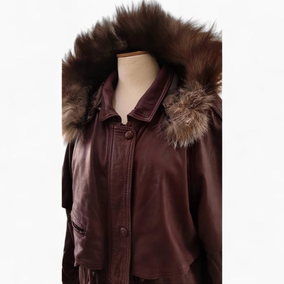 Burgundy Faux Fur Hooded Leather Jacket Women's Winter Coat