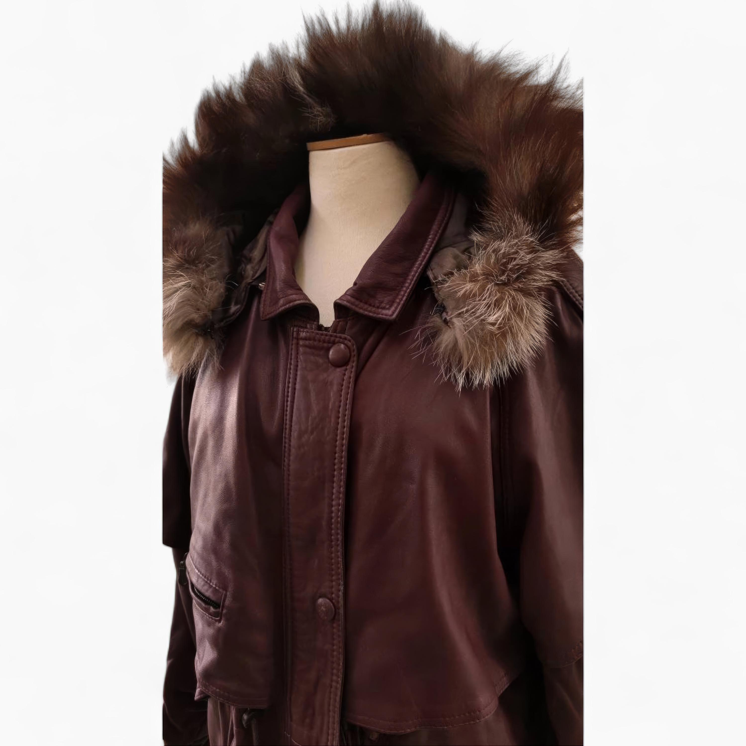 Burgundy Faux Fur Hooded Leather Jacket Women's Winter Coat