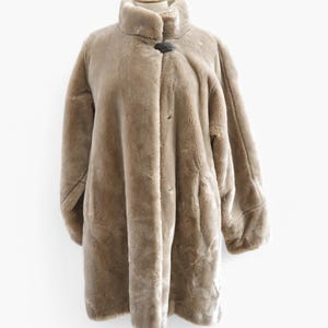 Beige Faux Fur Coat, Vintage Fur Overcoat, Oversized Brown Teddy Bear Coat Warm Winter Jacket Size XL 1940s 1950s swing retro opera fur coat