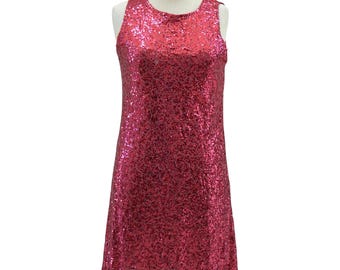 Vestido fucsia con lentejuelas, vestido rosa brillante para fiesta, cóctel, club, fin de año, festivo, cumpleaños, minivestido vintage sin mangas con corte en A glamuroso.