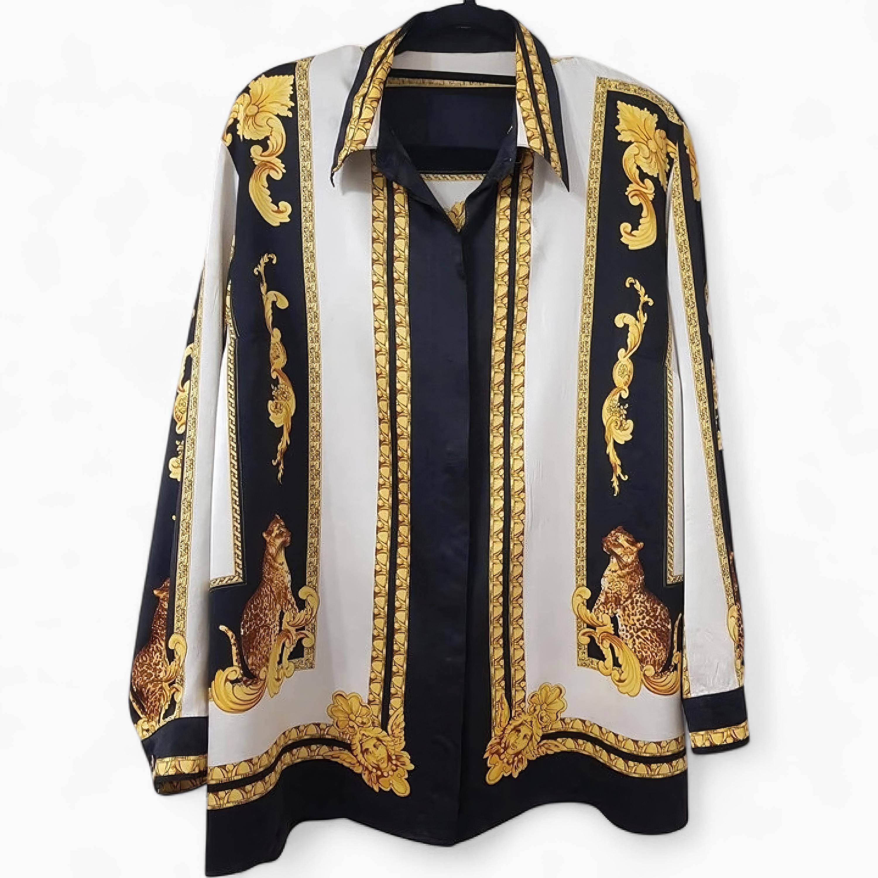 Baroque Silk Shirt, Vintage Tiger Print Blouse | Versace Inspired 