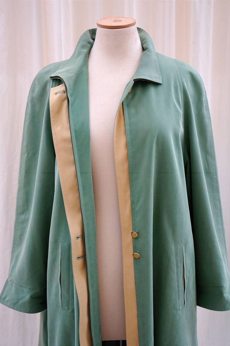 Vintage Women 80's Coat. Trench Mac Jacket Green-Yellow Bright Coloured. Double Layer Oversized Coat. Mod Trench Coat. Long Windbreaker L/XL image 3