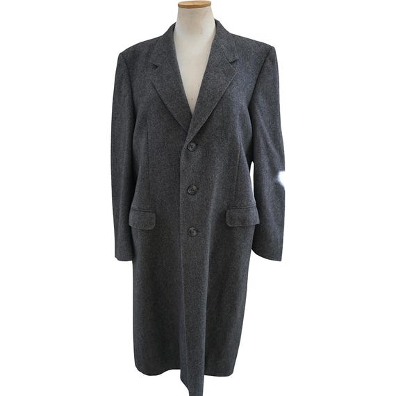 Mens Long Tweed Wool Coat, Vintage Gray Herringbone Overcoat, Lubiam Made In Italy, Size XL, Classic Winter Topcoat