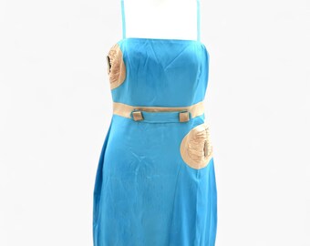 Vintage Blue Cocktail Dress with Beige Appliqué, Mid Prom Dress with Rosette Belt, Fit and Flare Dress Wedding Guest Dress, Vintage Clothing