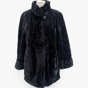 80&#39;s Black Teddy Coat Faux Fur Jacket Eco Friendly Fur Coat Soft Cozy Winter Jacket Fuzzy Vegan Jacket Women Vintage Clothing size Large