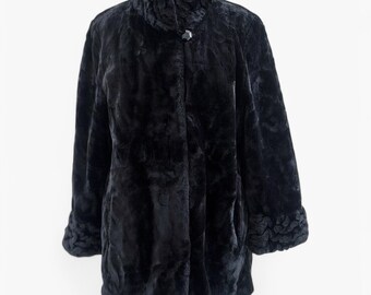 80's Black Teddy Coat Faux Fur Jacket Eco Friendly Fur Coat Soft Cozy Winter Jacket Fuzzy Vegan Jacket Women Vintage Clothing size Large