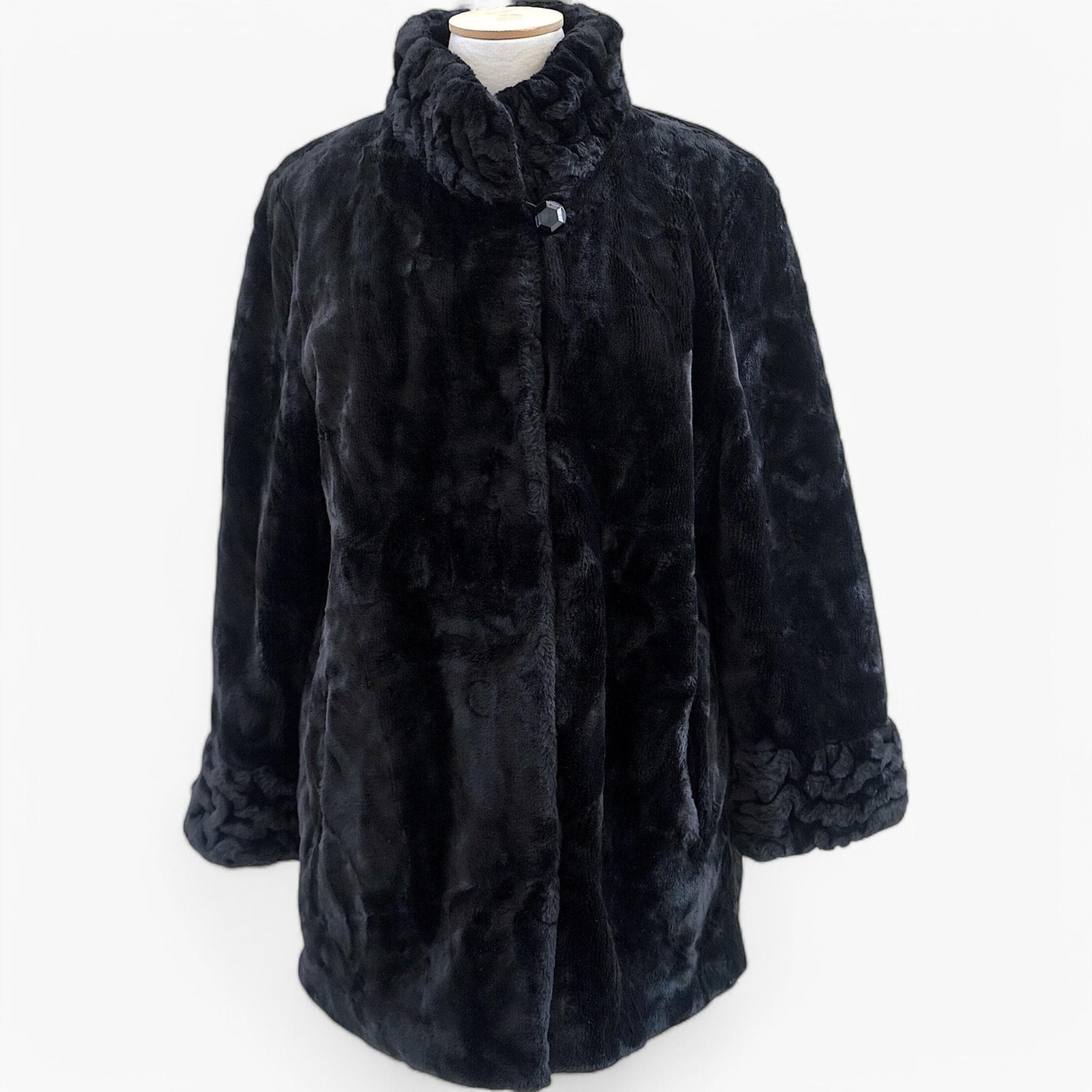 80's Black Teddy Coat Faux Fur Jacket Eco Friendly Fur Coat