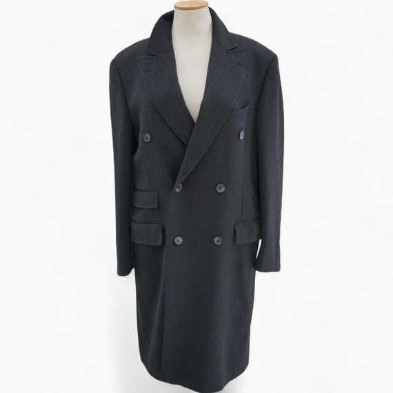 Tailor Made Gray Long Wool Coat Men, Vintage Double-Breasted Overcoat, Cantarelli Striped Wool Winter Overcoat, 90's Trench Coat XL, Gift