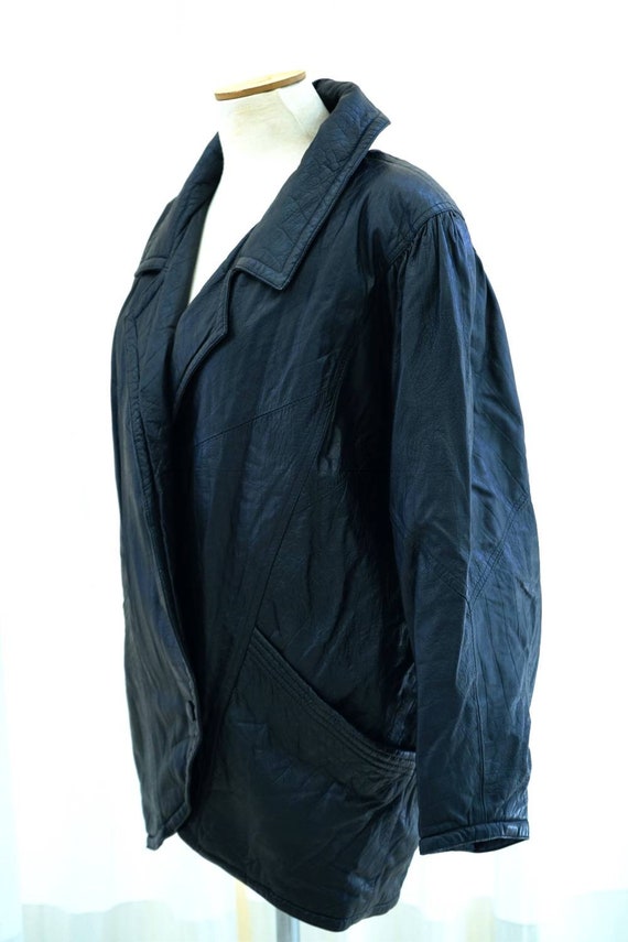 1980's Black Leather Coat, Vintage Woman Black le… - image 4