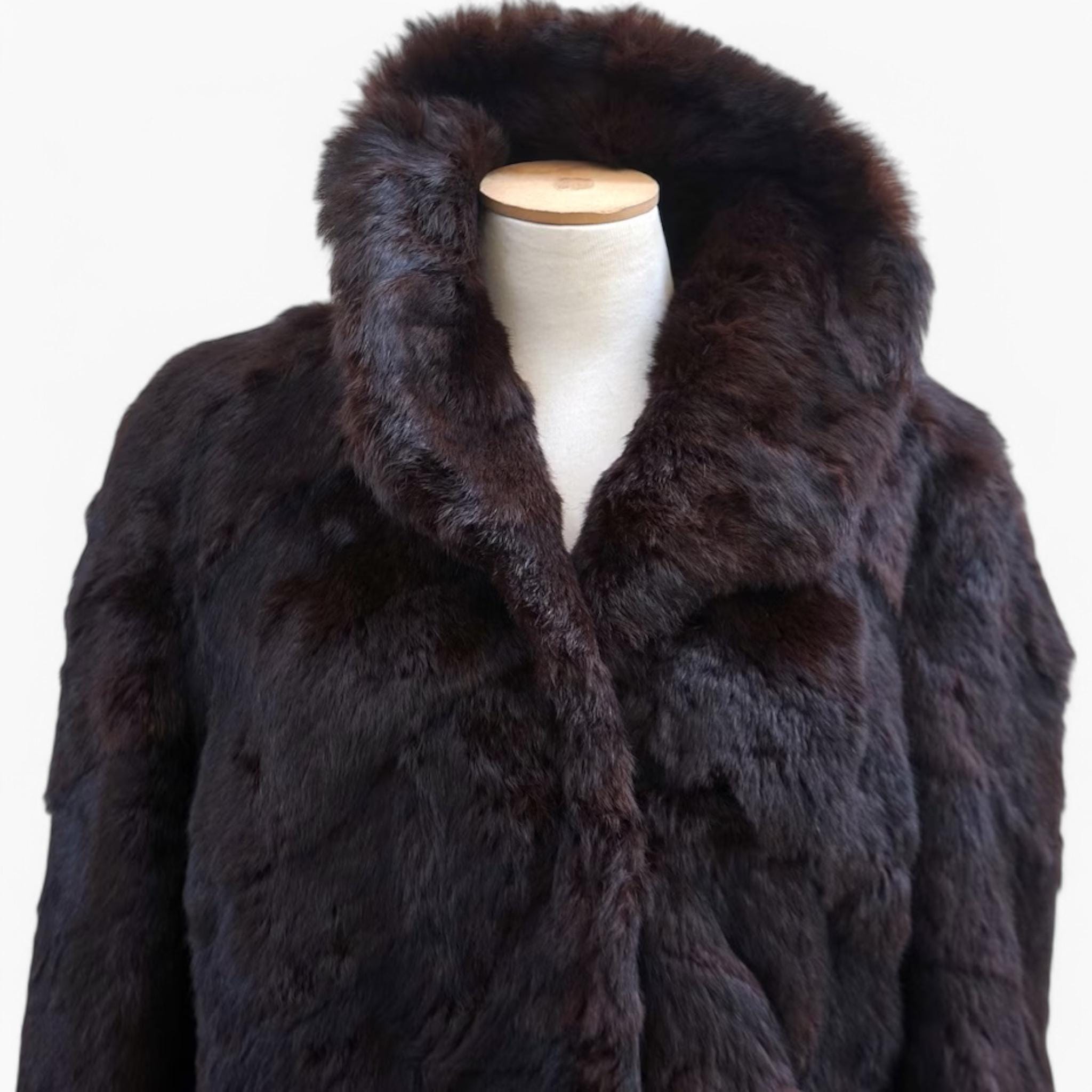 Manteau Fourrure Vintage Marron Foncé/ Noir Lapin - Taille M, Origine France
