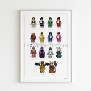 May include: A printable poster featuring Lego minifigures of the Power Rangers characters. The poster includes the White, Black, Red, Yellow, Blue, and Pink Rangers, as well as Lord Zedd, Rita Repulsa, and other characters from the show.