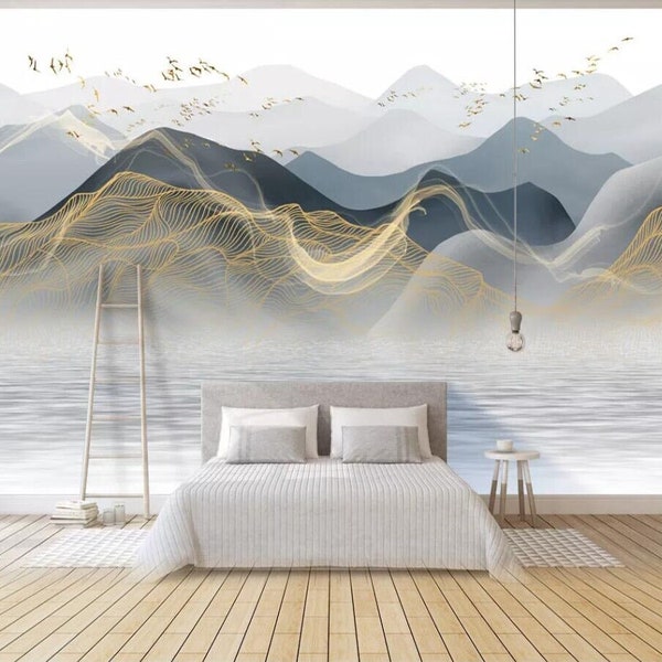 Abstract Grey and Golden Skies, Dusky Calming Mountains Mural