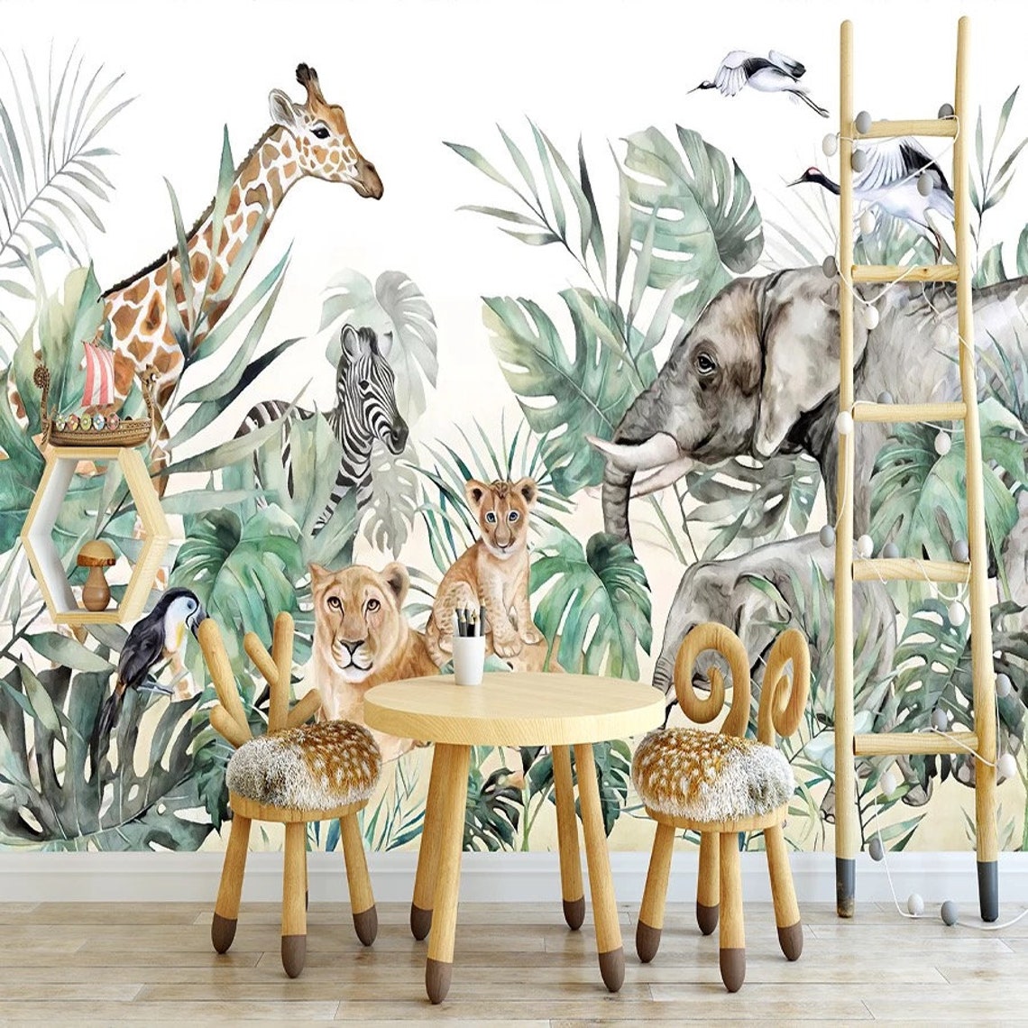 SAFARI wallpaper for children with animals / Wall Mural / Lion Etsy