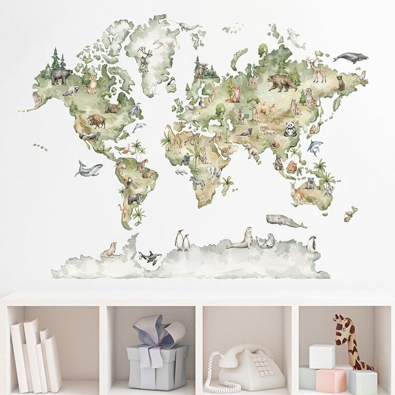 Children's Safari Themed World Map Wall Sticker Jungle Etsy UK