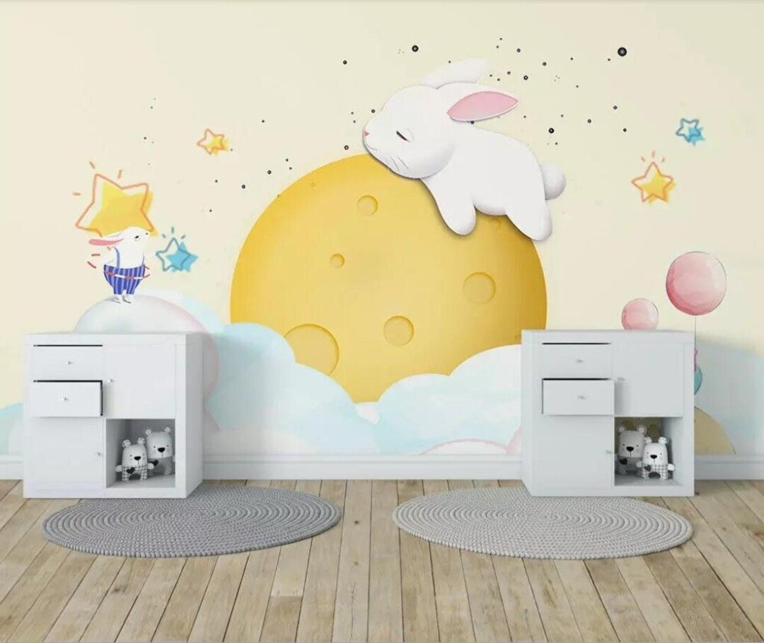 Bunny Peel and Stick Mural, Cloud, Moon and Stars Wallpaper, Rabbit ...