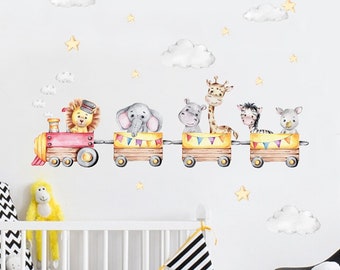 Children's Jungle Animal Train Wall Sticker - Nursery Vehicle Wall Art Vinyl Decal