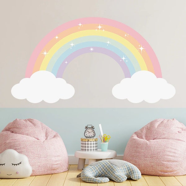 Girls Bedroom Pastel Colours Rainbow Wall Sticker Decal, Watercolour Rainbow Boho Self Adhesive Peel and Stick