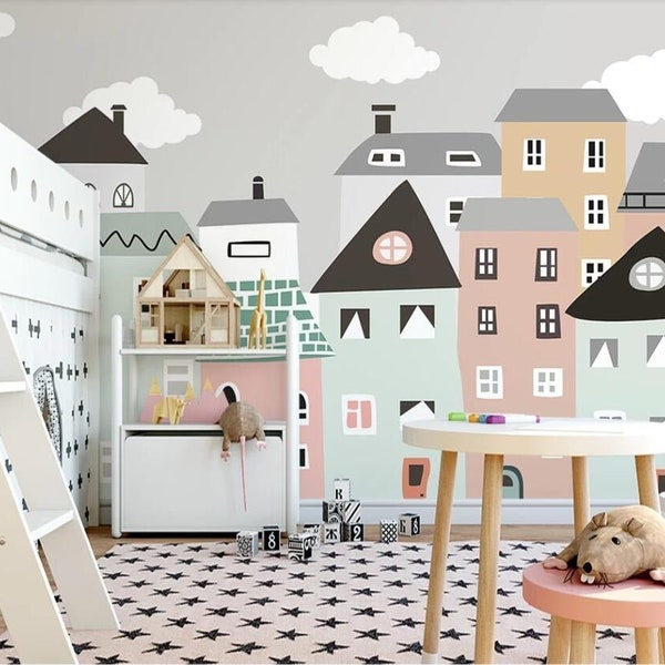 Cartoon Mini Coloured Town, Funky Houses Children's Mural Wallpaper