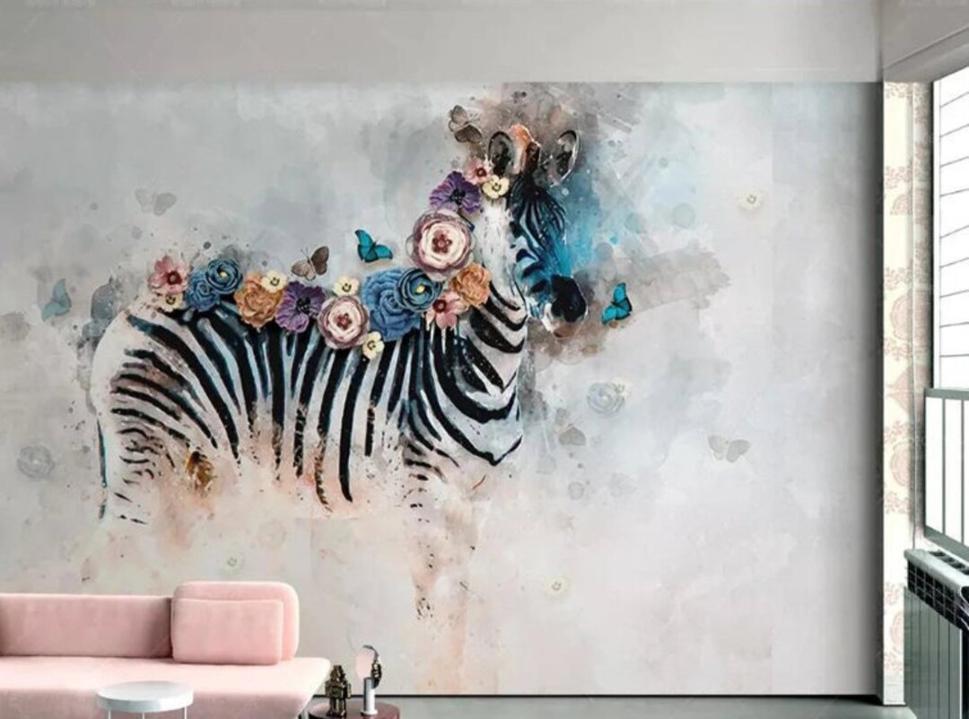 Unique Colourful Zebra Mural Wallpaper, Children's Floral Zebra Peel
