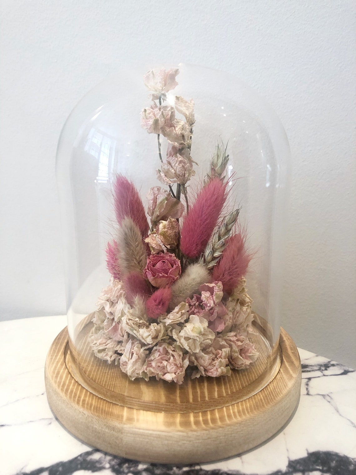Beautiful Pink Dried Flower Glass Dome Etsy UK