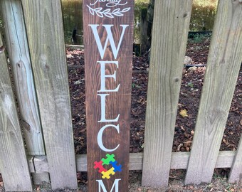 Autism Awareness Welcome Sign: Personalized Wood Family Name Decor