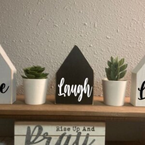 3pc Live Laugh Love mini wooden house set, wooden tier decor, free standing wood decor, farmhouse table decor, mini wood houses, tier decor
