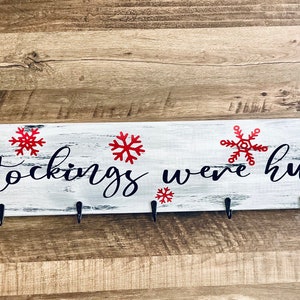 Christmas Stocking Hanger: Rustic Wood Sign with Hooks