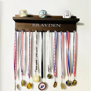 Personalized Wooden Medal Display Shelf: Kids Trophy Holder