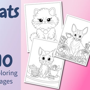 Cats cute coloring pages for children, 10 coloring cat pages digital download, Cat coloring pages of cats with digital pdf file