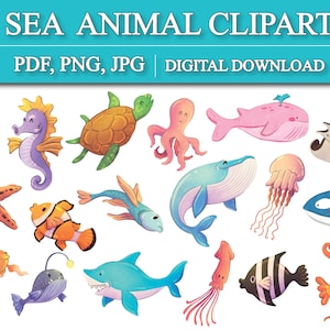Watercolor Sea Animal Clipart, Undersea Watercolor Clipart, Ocean Animal Clipart, Sea Animal Vector, 30 Images