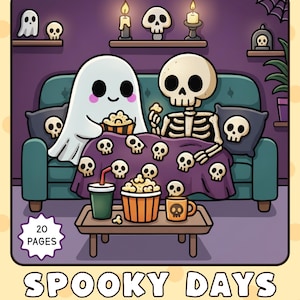 May include: A Halloween-themed coloring book cover with a ghost and skeleton on a couch, eating popcorn. The cover features the text "Spooky Days" and "Bold and Easy Coloring Book". The background includes candles and skull decorations.