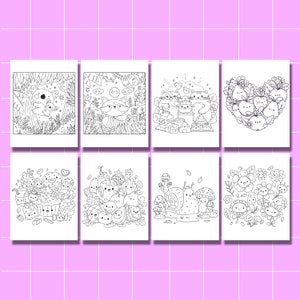 May include: A set of eight black and white coloring pages featuring cute cartoon animals and food. The pages include a koala, a raccoon, a snail, a group of cats, a group of fruits, a group of desserts, a group of vegetables, and a group of flowers.
