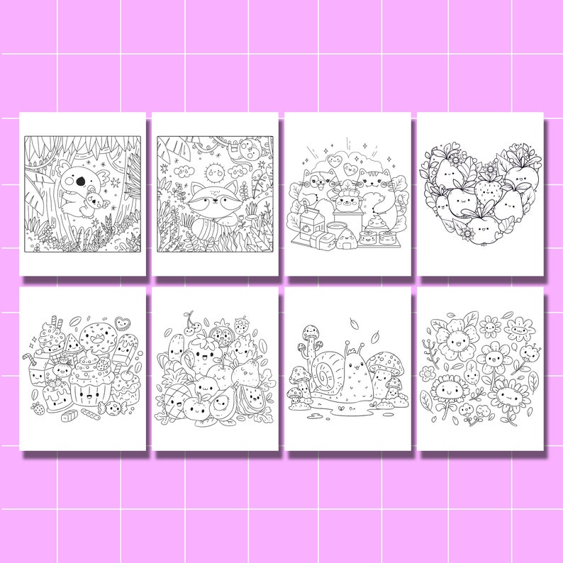 May include: A set of eight black and white coloring pages featuring cute cartoon animals and food. The pages include a koala, a raccoon, a snail, a group of cats, a group of fruits, a group of desserts, a group of vegetables, and a group of flowers.