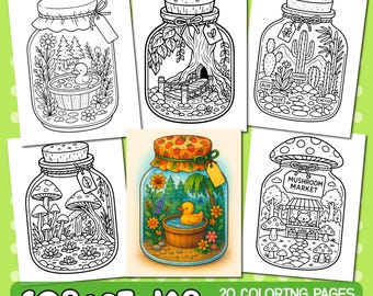 Forest Jar Coloring Pages, Bold and Easy Coloring Book, Enchanted Forest Coloring Page, Cute Kawaii Forest Jar Coloring Pages
