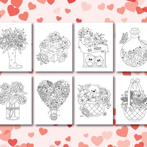 May include: Eight black and white colouring pages featuring Valentine's Day themes. The images include a bouquet of flowers in a welly boot, a heart-shaped hot air balloon, a basket of flowers, a bottle filled with hearts, a bear in a basket of flowers, two owls on a swing, a bouquet of flowers in a glass jar, and a stack of wrapped gifts.