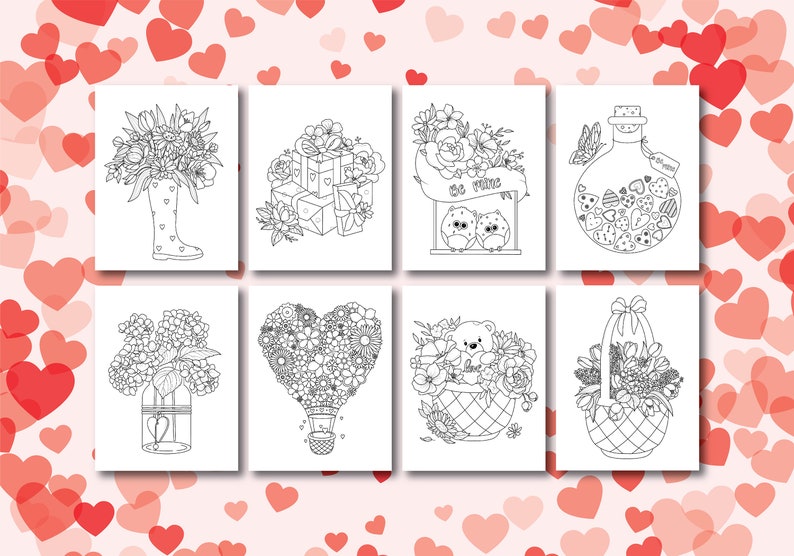 May include: Eight black and white colouring pages featuring Valentine's Day themes. The images include a bouquet of flowers in a welly boot, a heart-shaped hot air balloon, a basket of flowers, a bottle filled with hearts, a bear in a basket of flowers, two owls on a swing, a bouquet of flowers in a glass jar, and a stack of wrapped gifts.