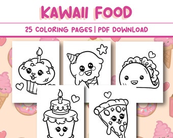 Kids Coloring Page: Cute Kawaii Food Coloring Page, 25 Pages Coloring Book for Kids DIGITAL DOWNLOAD