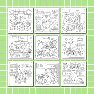 May include: Nine black and white illustrations of cats in various domestic settings. The images include cats eating donuts, using skincare, relaxing in bed, opening a box with a "THANK YOU!" note, and reading on a Sunday. The word "BUTTER" is visible.