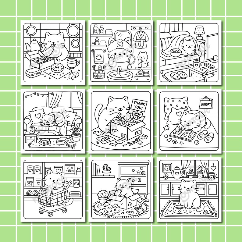 May include: Nine black and white illustrations of cats in various domestic settings. The images include cats eating donuts, using skincare, relaxing in bed, opening a box with a "THANK YOU!" note, and reading on a Sunday. The word "BUTTER" is visible.