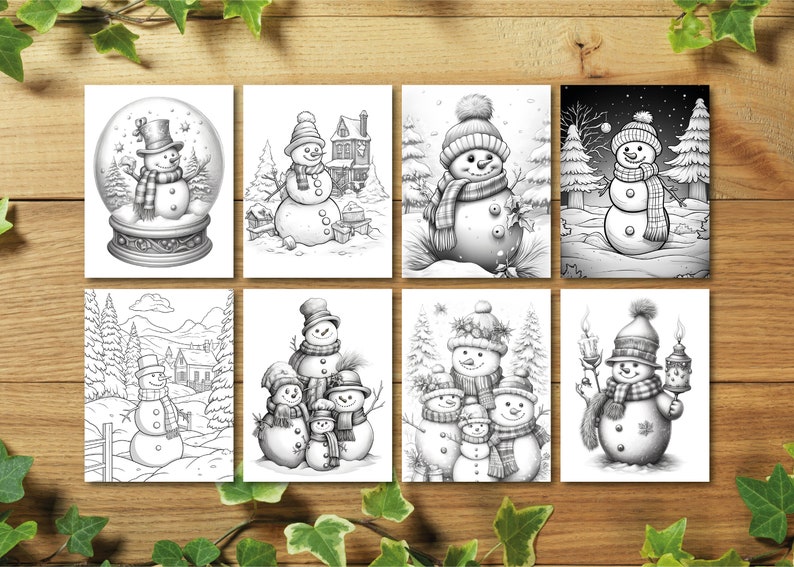 K&ouml;nnte beinhalten: Acht Schwarzwei&szlig;illustrationen von Schneem&auml;nnern. Die Schneem&auml;nner sind in verschiedenen Posen und Umgebungen, darunter eine Schneekugel, eine Winterszene und eine Schneemannfamilie.
