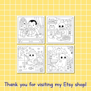 May include: Four black and white Halloween-themed coloring pages. The images include a vampire, a skeleton baking a pie, a ghost fishing, and a ghost under an umbrella. The background is a yellow grid pattern. Text at the bottom reads: Thank you for visiting my Etsy shop!