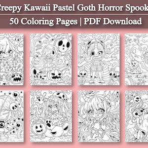 May include: A set of 50 coloring pages featuring creepy kawaii pastel goth horror spooky characters. The pages are in black and white and feature a variety of characters, including ghosts, pumpkins, and other spooky creatures.