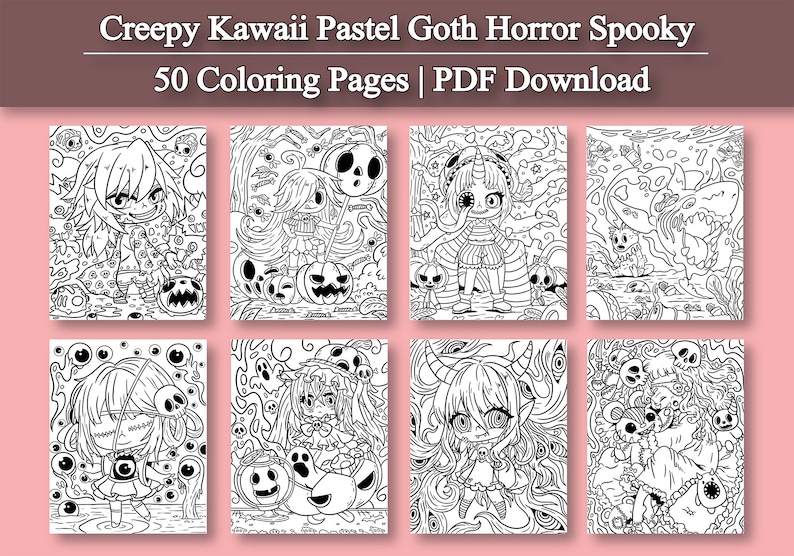 May include: A set of 50 coloring pages featuring creepy kawaii pastel goth horror spooky characters. The pages are in black and white and feature a variety of characters, including ghosts, pumpkins, and other spooky creatures.