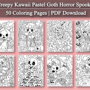 May include: A set of 50 coloring pages featuring creepy kawaii characters in pastel goth horror style. The pages include spooky characters like skeletons, pumpkins, and witches. The text "Creepy Kawaii Pastel Goth Horror Spooky 50 Coloring Pages | PDF Download" is at the top of the image.