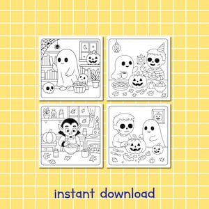 May include: Black and white Halloween-themed illustrations featuring ghosts, pumpkins, and a vampire. The images depict scenes of baking, decorating, and trick-or-treating. The phrase "instant download" is at the bottom.