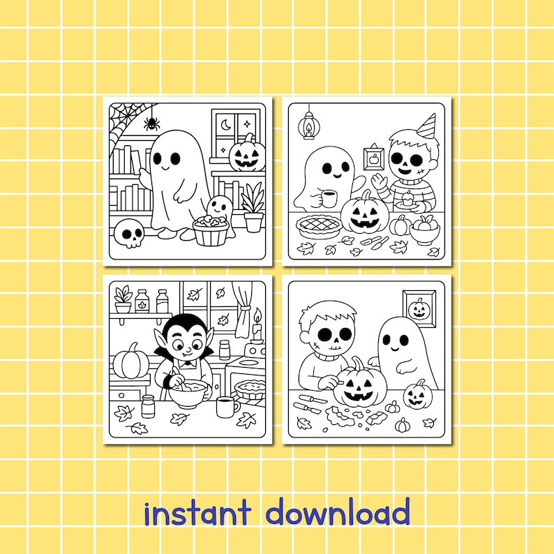 May include: Black and white Halloween-themed illustrations featuring ghosts, pumpkins, and a vampire. The images depict scenes of baking, decorating, and trick-or-treating. The phrase "instant download" is at the bottom.