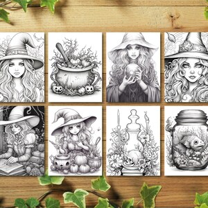 Puede incluir: Conjunto de ocho p&aacute;ginas para colorear imprimibles en blanco y negro con ilustraciones de brujas, calderos, pociones y otras im&aacute;genes con tem&aacute;tica de Halloween.