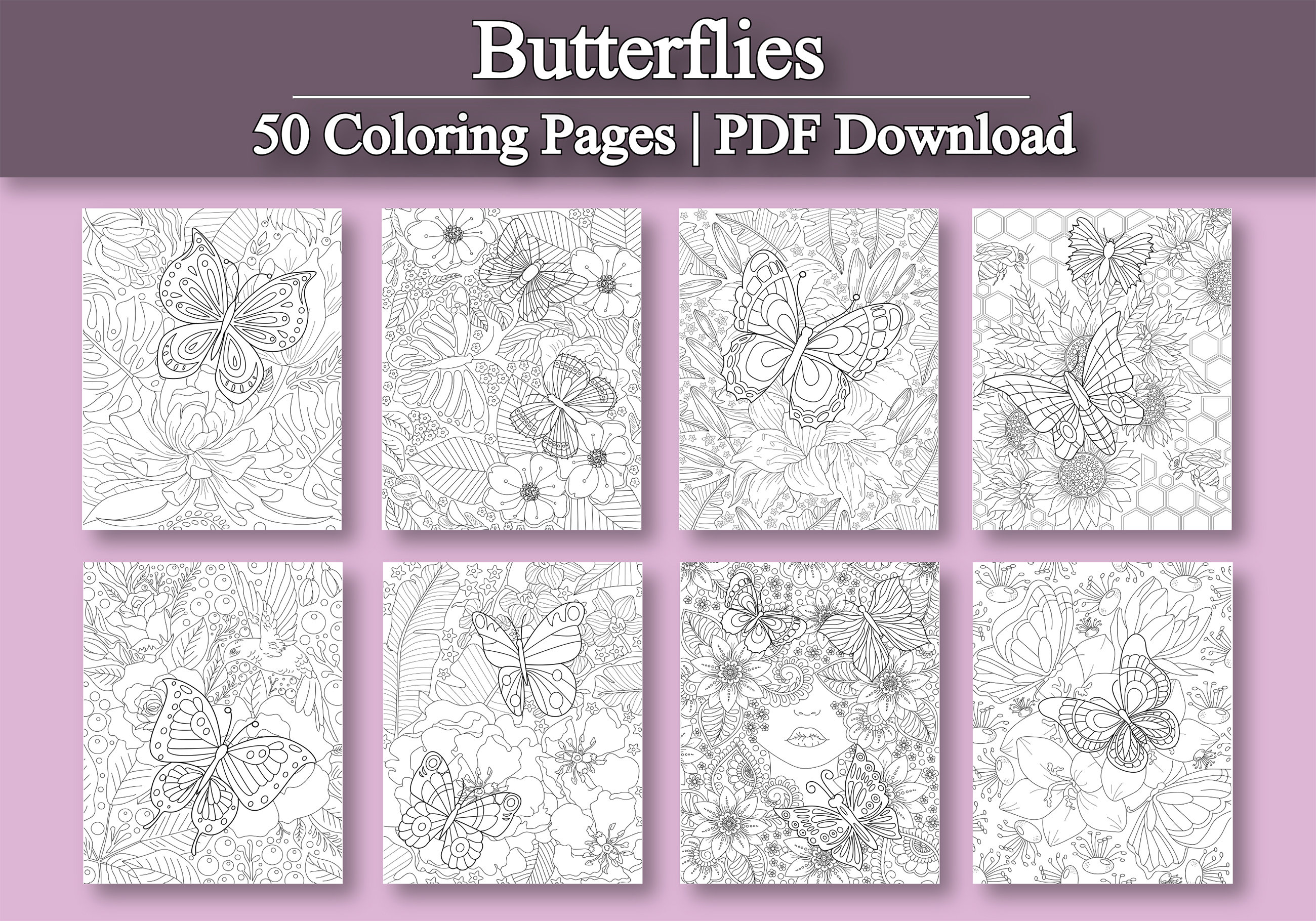 Adult Coloring Book: Butterfly Coloring Pages 50 Digital - Etsy