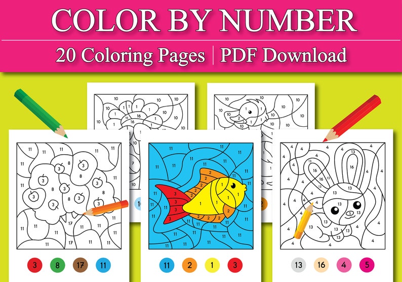 May include: Four colour by number colouring pages featuring a fish, a bunny, a tree with apples, and a duck. Each page has a colour key with numbers and corresponding colours. The pages are printed on white paper.