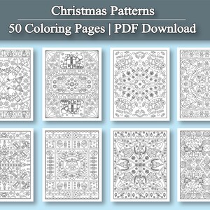 May include: A collection of eight black and white Christmas-themed coloring pages. Each page features intricate patterns with holiday elements like ornaments, snowflakes, and gnomes. The top of the image reads "Christmas Patterns" and "50 Coloring Pages | PDF Download."